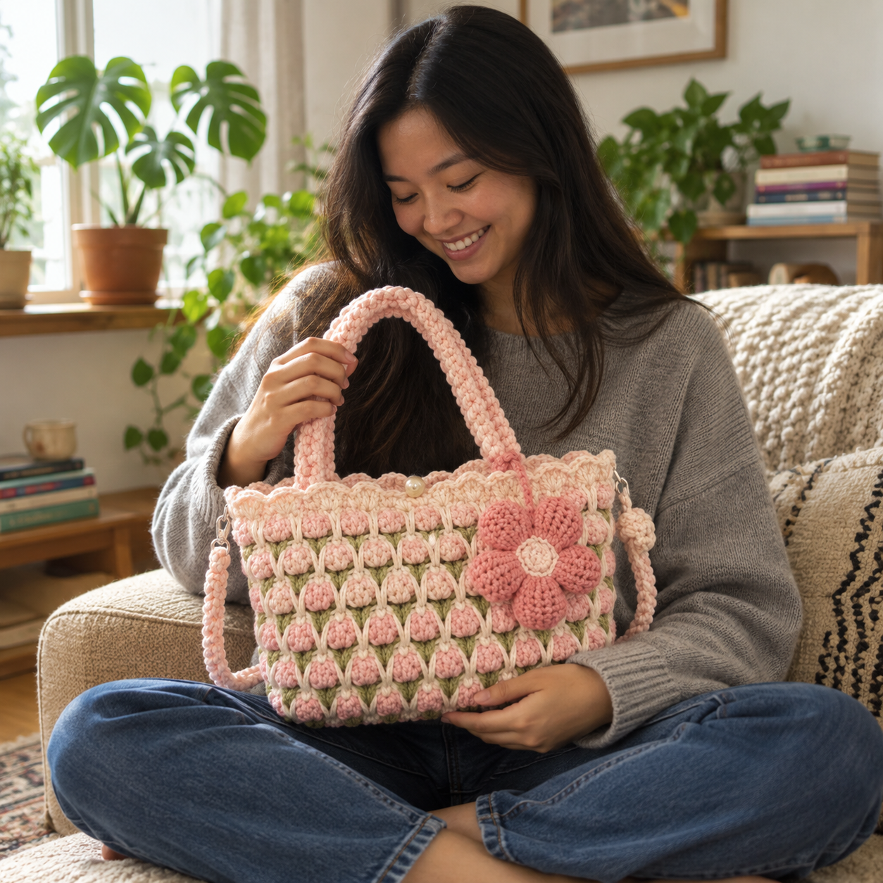 Cliente Mayumi S. usando uma bolsa artesanal Ethan Crochês