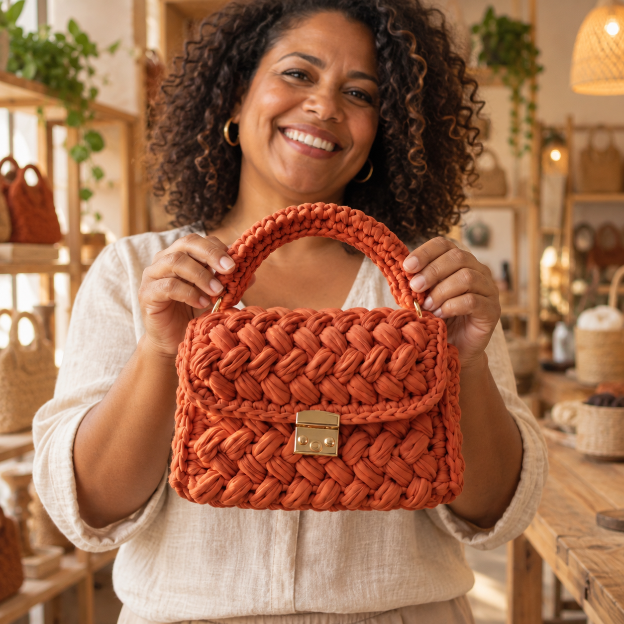 Cliente Camila A. usando uma bolsa artesanal Ethan Crochês